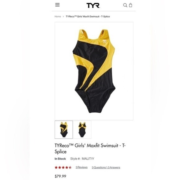 TYR Girls' Maxfit Swimsuit Atle- T-Splice black/gold size 8. - Picture 2 of 12